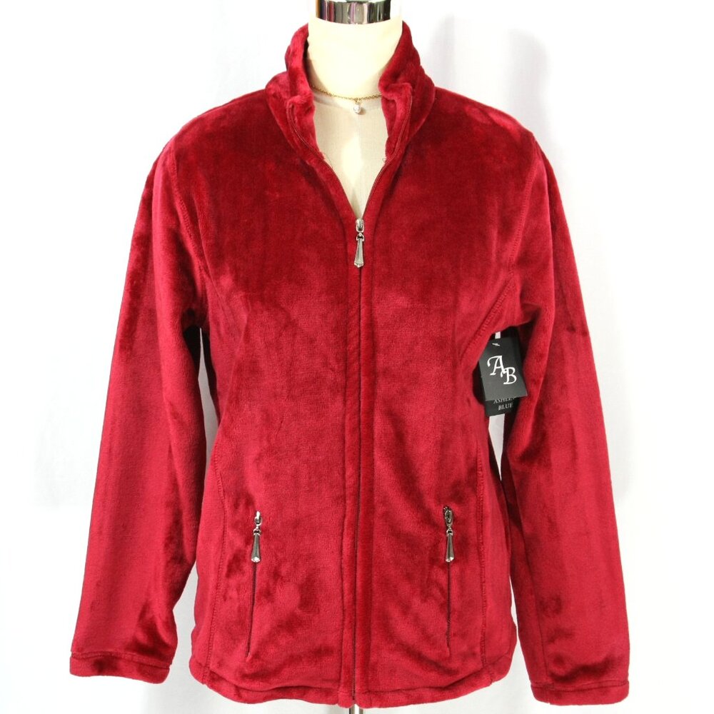 NEW Ashley Blue Red Soft Velour Sport Zipper Zip Front Jacket w Pockets L